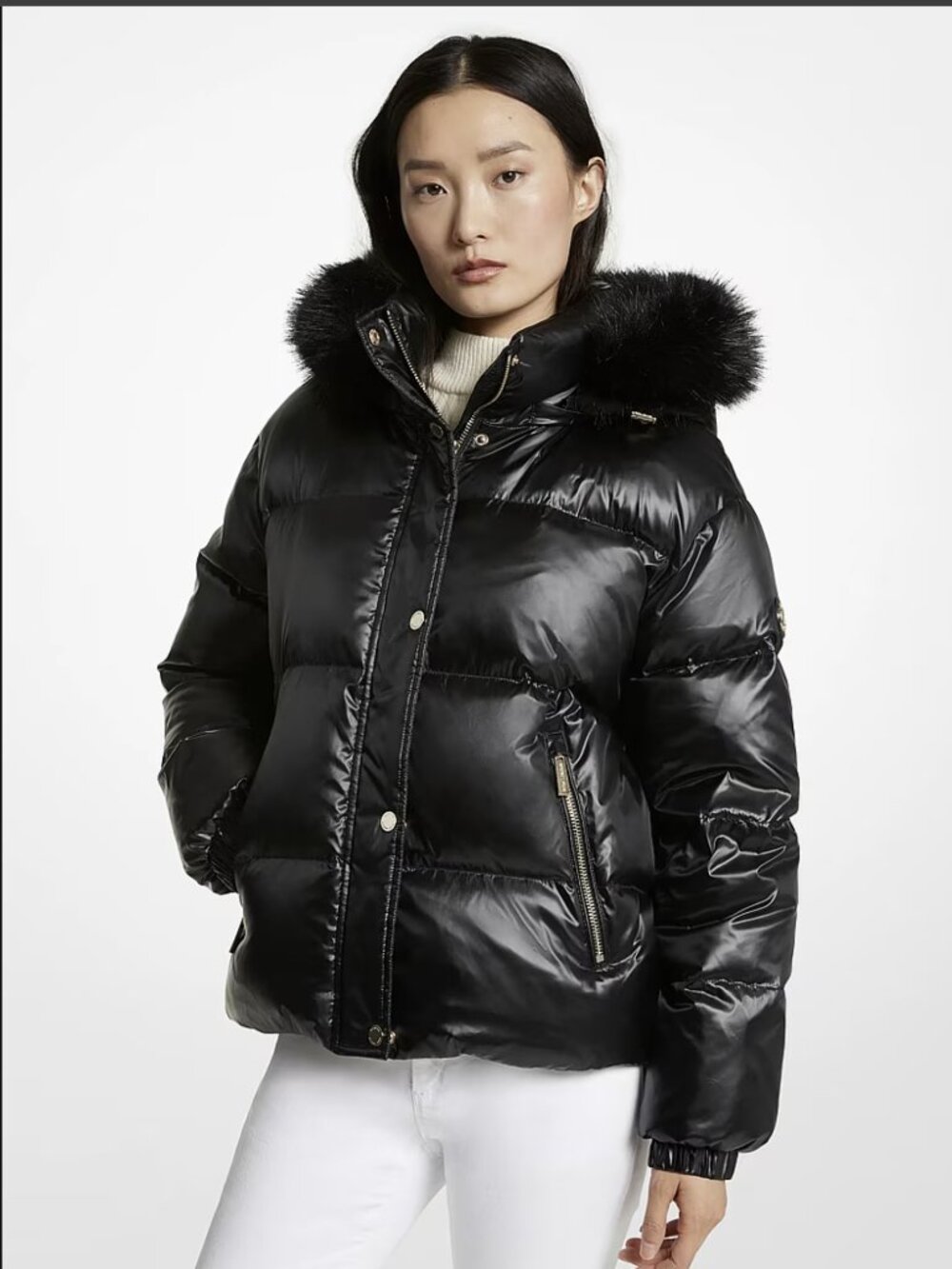 NWT MICHAEL KORS Shiny Black Faux Fur Trim Down Puffer Jacket, XS